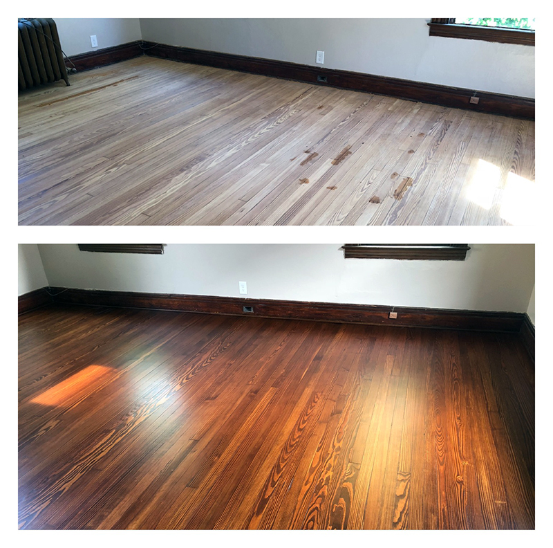 Wood Floor Refinishing - Before and after, old wood floor restored to look brand new, ash wood hardwood, in Sparks, Phoenix, Owings Mills area